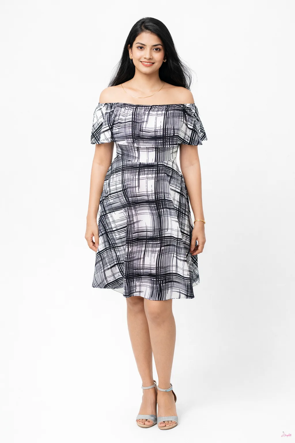 Teen Chic Plaid Off-Shoulder Black Dress