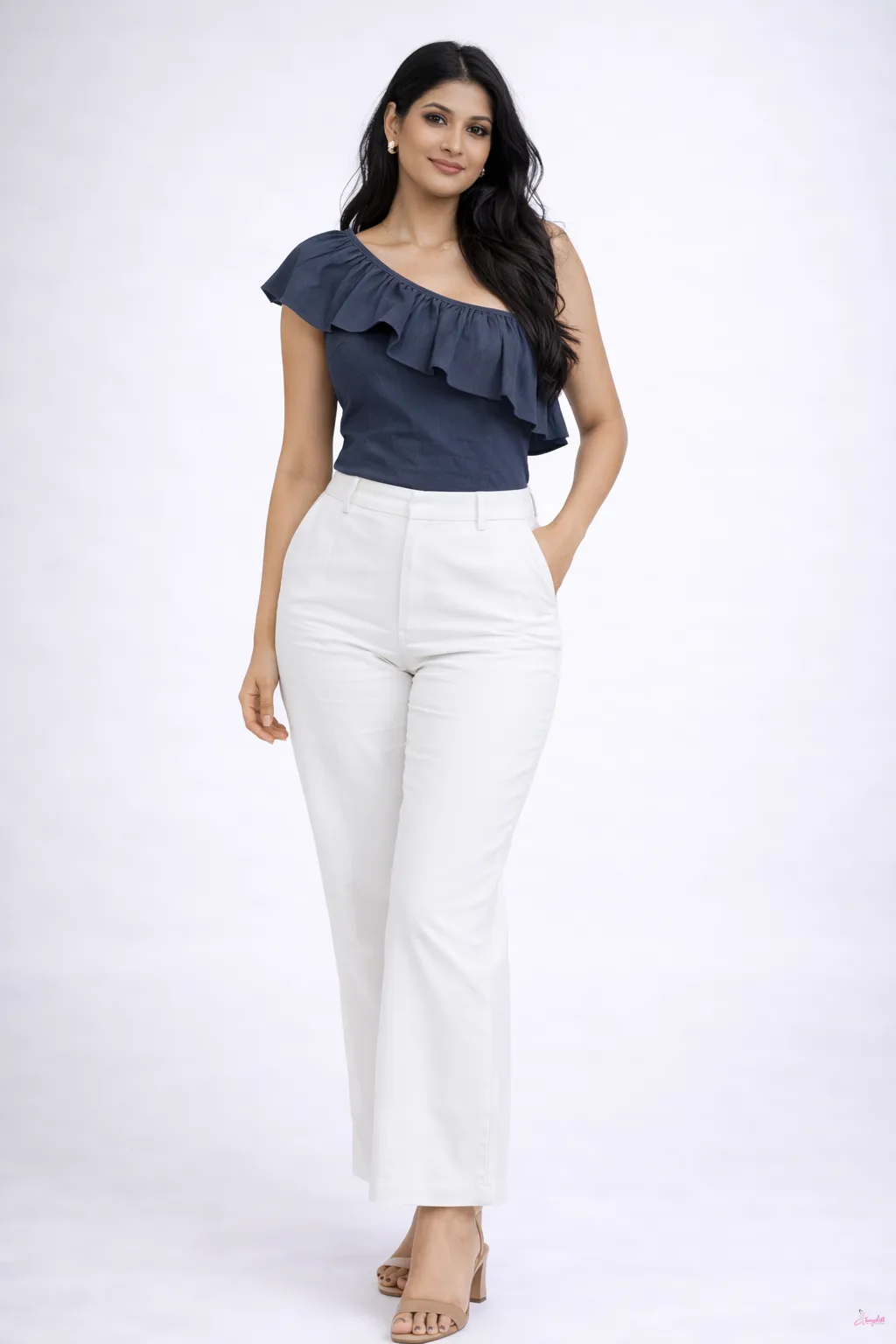 Serene Slate One-Shoulder Blue Blouse