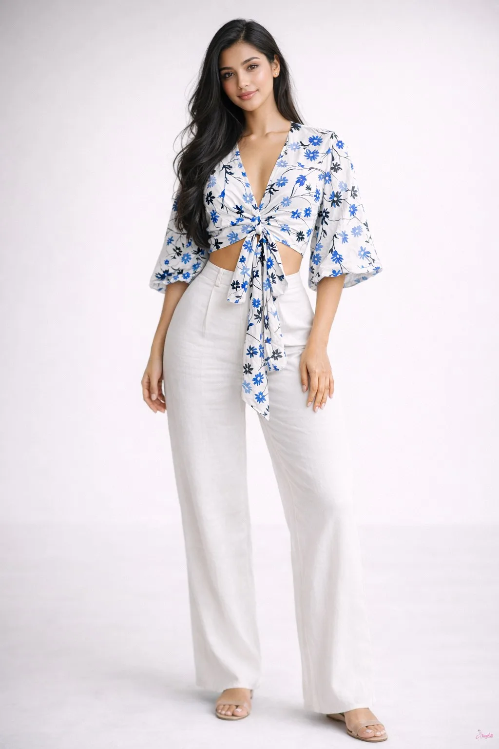 White Azure Bloom Tie-Front Co-Ord
