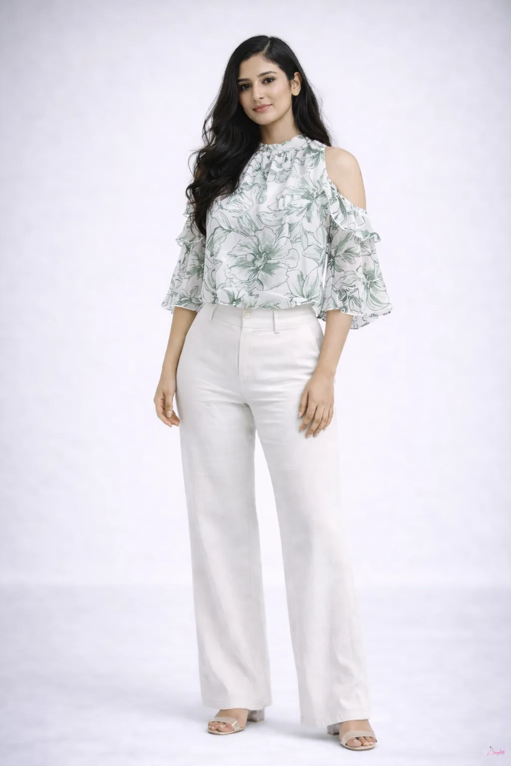 Soft Petal Cold-Shoulder Green Blouse