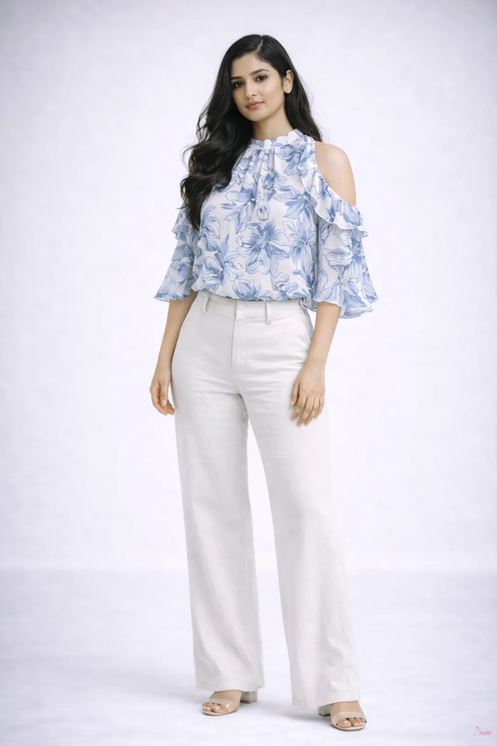 Soft Petal Cold-Shoulder Blue Blouse